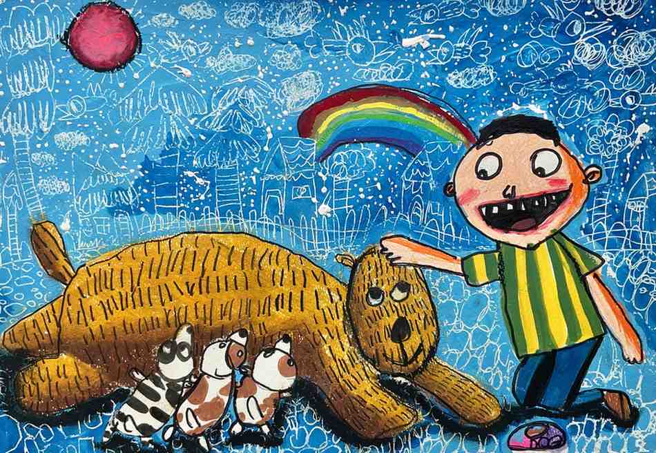 Boy with His Best Friends – Kids Art Crayon Drawing by Captain (Age 5)
