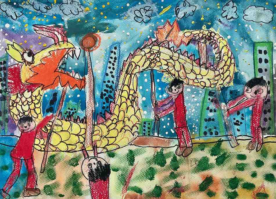 The Grand Dragon Dance – Kids Art Cityscape by Captain (Age 5)