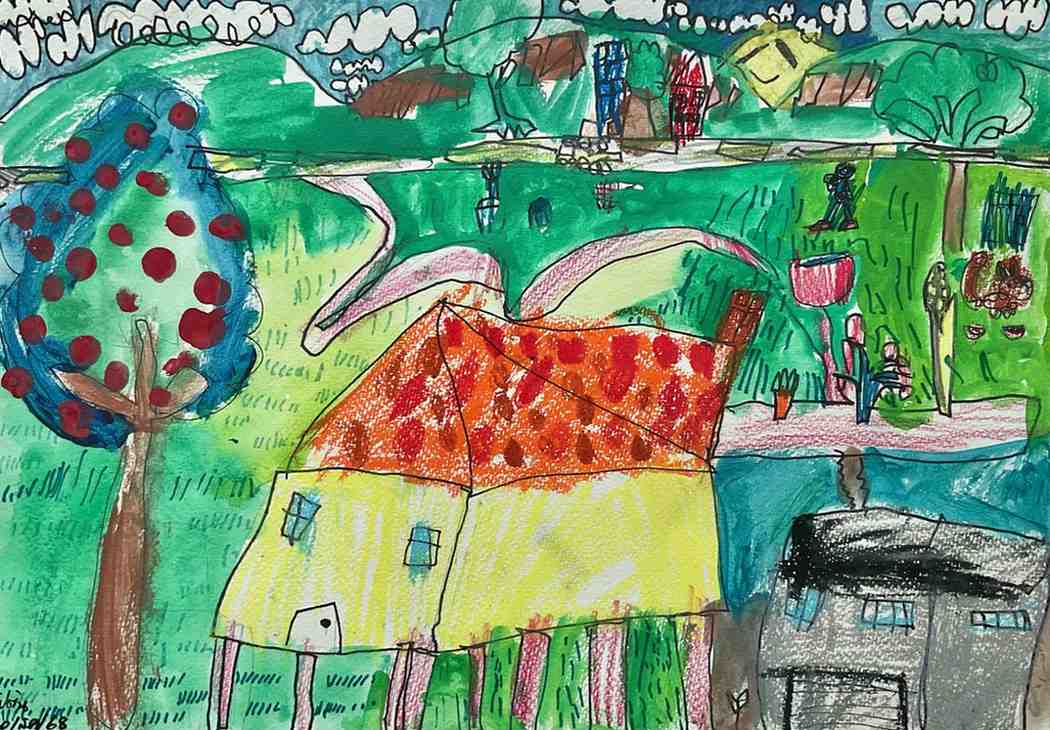 The Happy Farmhouse – Kids Art Crayon Landscape by Captain