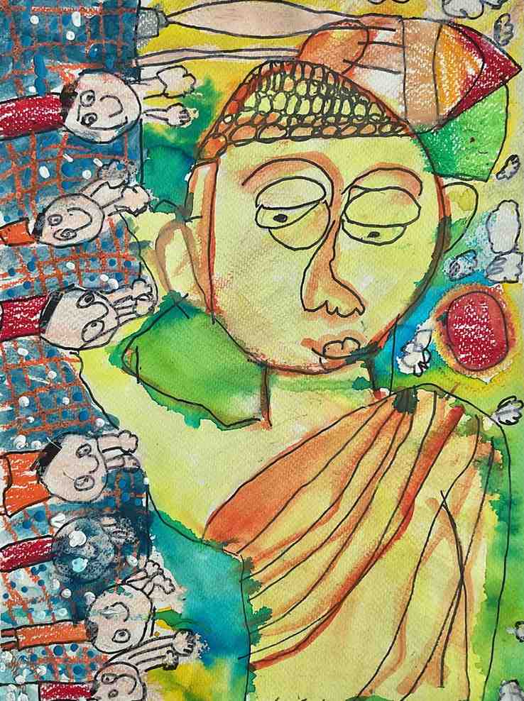 The Golden Monk – Kids Art Crayon & Watercolor by Captain