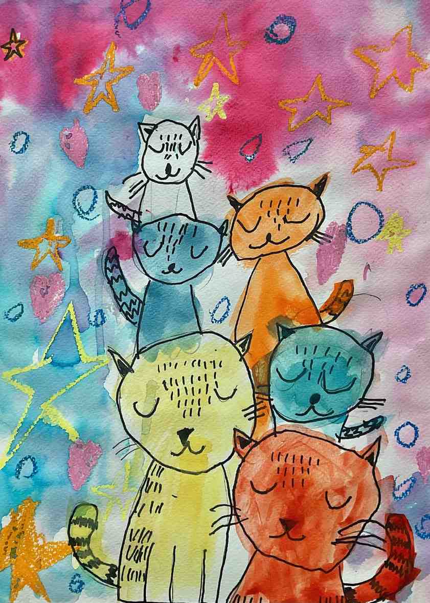 Galaxy of Cats – Whimsical Kids Art Painting by Captain (Age 5)
