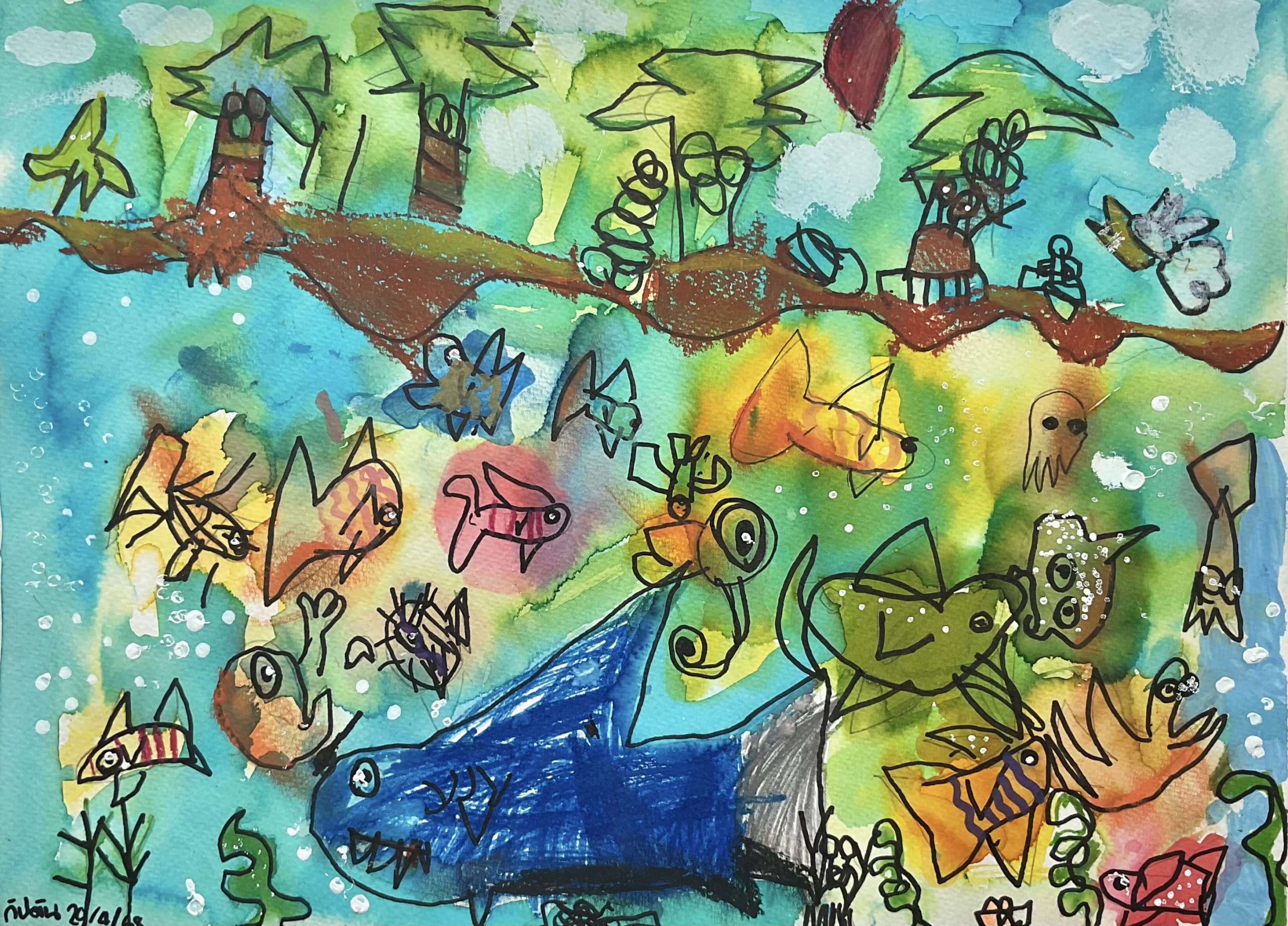 The Island & The Great Blue Shark – Kids Art by Captain (Age 5)
