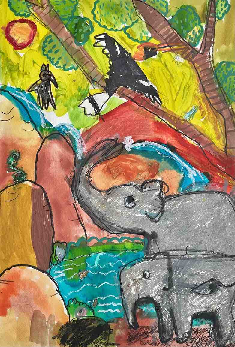 The Elephant Family & The Great Waterfall – Kids Art by Captain