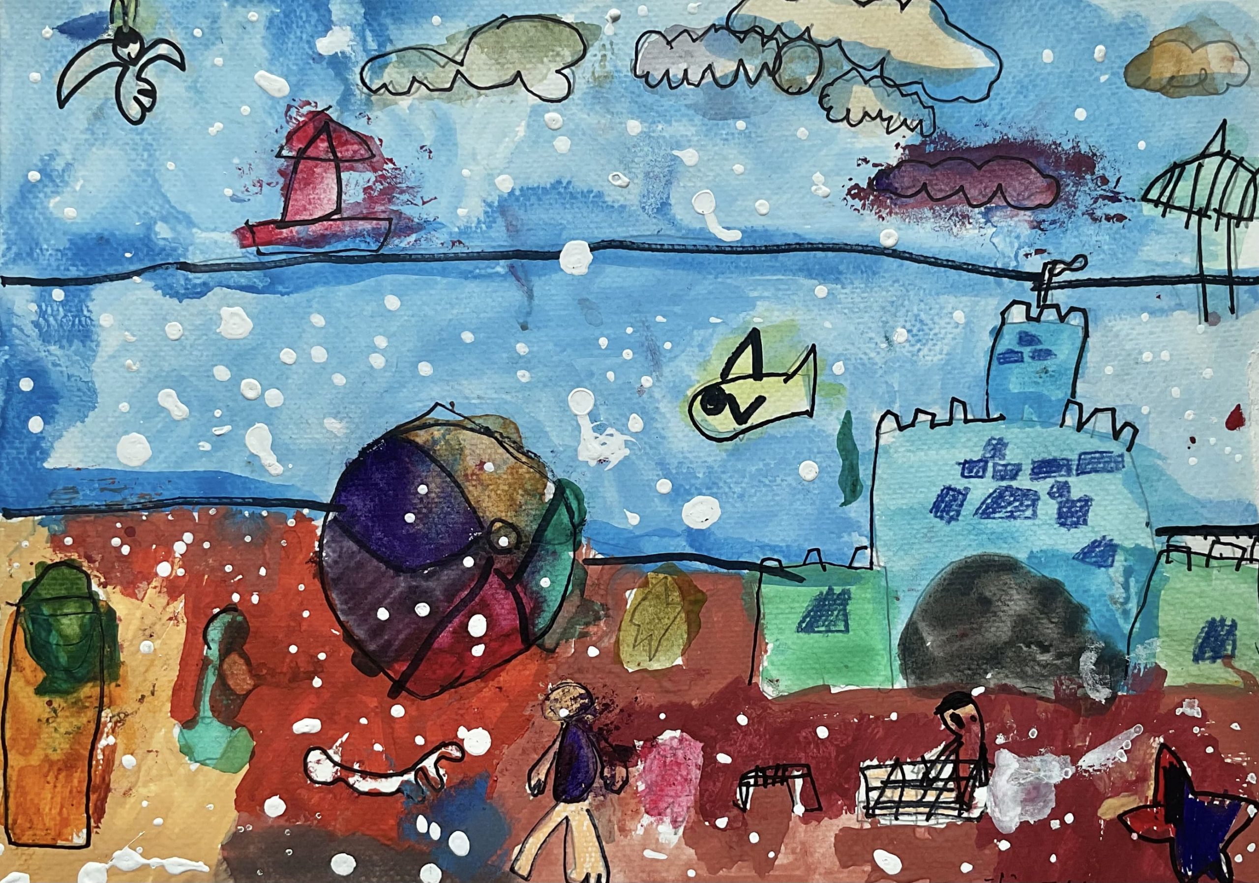 The Giant Beach Ball & Sandcastle – Kids Art by Captain (Age 5)