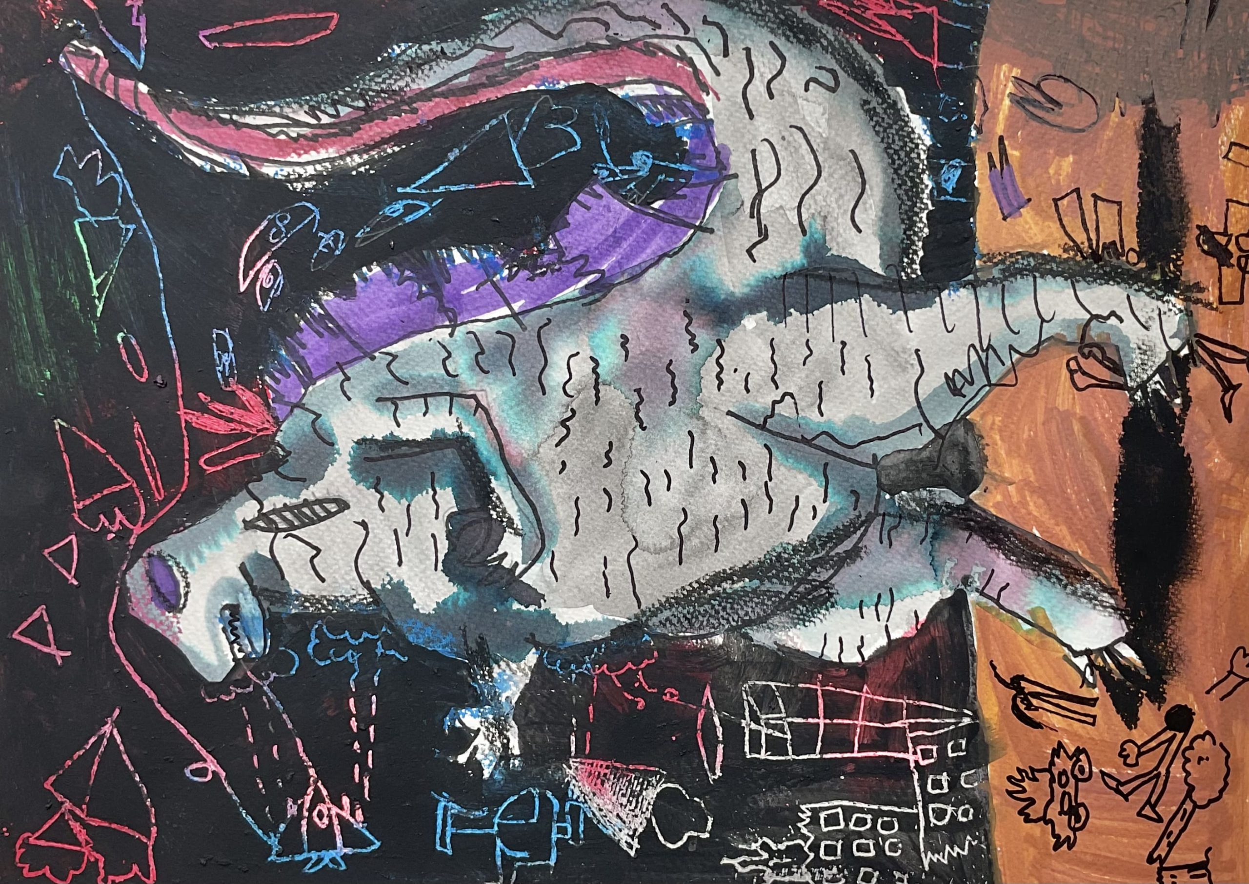 Night of the Neon Kaiju – Abstract Kids Art by Captain (Age 5)
