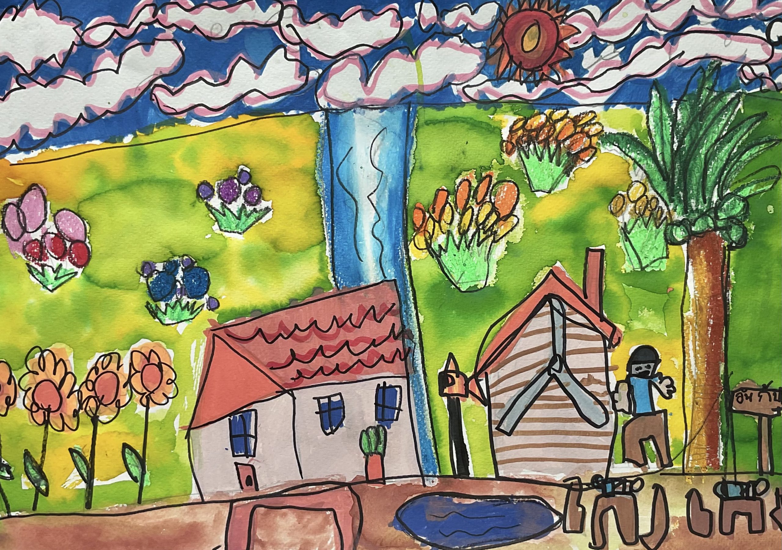 The Cottage, Windmill, and Garden – Kids Art by Captain (Age 5)