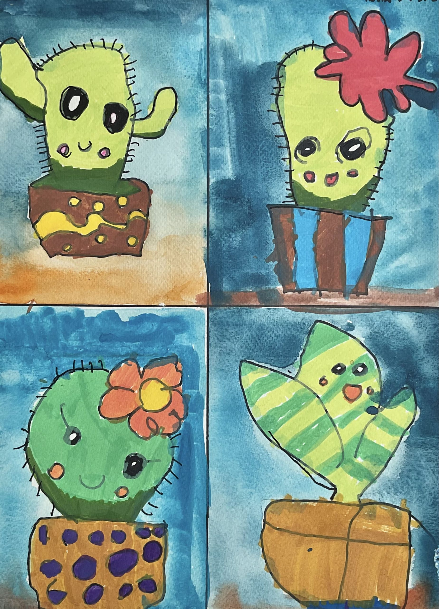 The Happy Cactus Family – 4-Panel Pop Art by Captain (Age 5)
